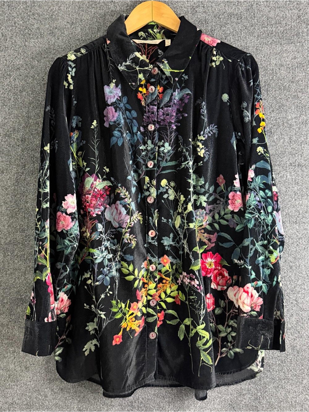 Soft Surroundings Womens Velvet Floral Button Up Tunic Top Size Large Black